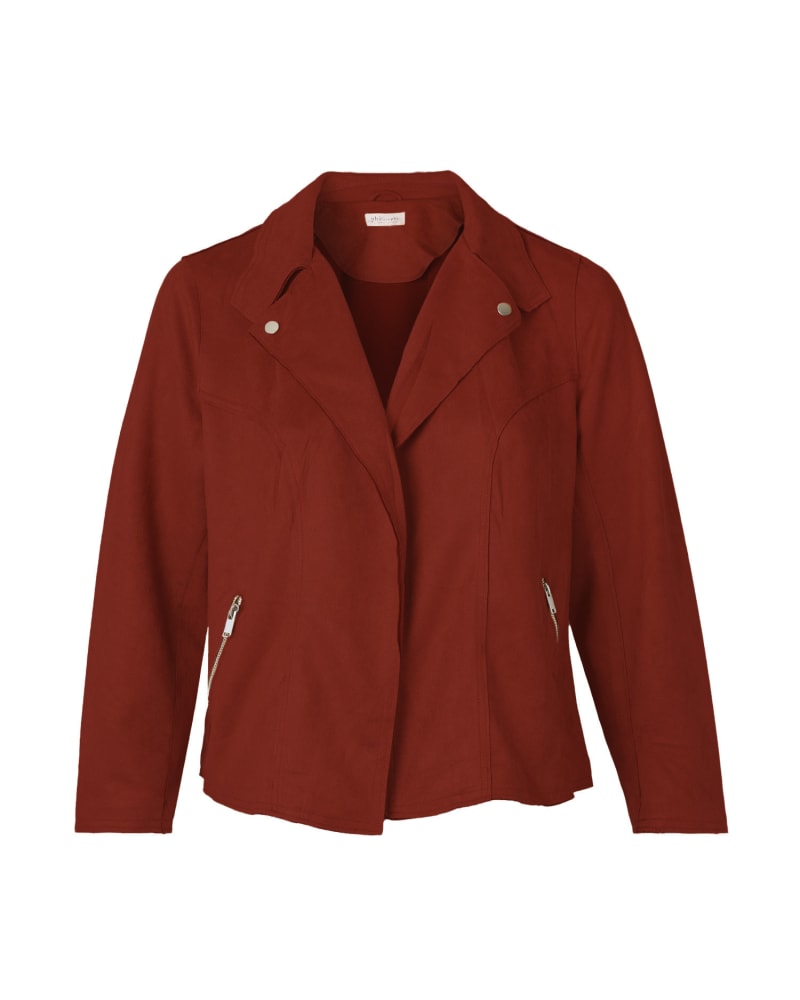 Front of a size 1X Yvette Faux Suede Jacket in Red by Philosophy. | dia_product_style_image_id:267202